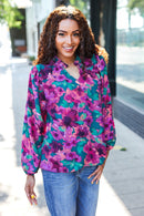 Beautiful You Hunter Green Watercolor Floral Print Notch Neck Top (Open Pack)