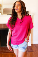 Be Your Best Fuchsia Cable Knit Dolman Short Sleeve Sweater Top (Open Pack)
