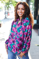 Beautiful You Hunter Green Watercolor Floral Print Notch Neck Top (Open Pack)