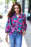 Beautiful You Hunter Green Watercolor Floral Print Notch Neck Top (Open Pack)