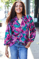 Beautiful You Hunter Green Watercolor Floral Print Notch Neck Top (Open Pack)