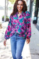 Beautiful You Hunter Green Watercolor Floral Print Notch Neck Top (Open Pack)