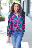 Beautiful You Hunter Green Watercolor Floral Print Notch Neck Top (Open Pack)