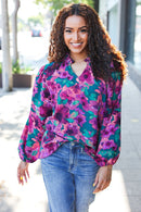 Beautiful You Hunter Green Watercolor Floral Print Notch Neck Top (Open Pack)