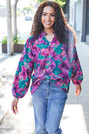 Beautiful You Hunter Green Watercolor Floral Print Notch Neck Top (Open Pack)
