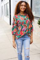 Green & Pink Floral Design Tie Neck Top