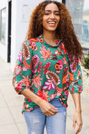 Green & Pink Floral Design Tie Neck Top