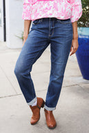 Judy Blue Mid Rise Cuffed Boyfriend Straight Leg Jeans (Open Pack)