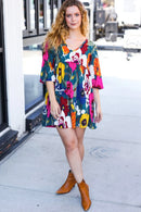Hello Beautiful Teal Floral Print V Neck Babydoll Dress (Open Pack)