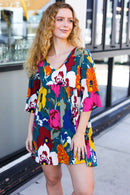 Hello Beautiful Teal Floral Print V Neck Babydoll Dress (Open Pack)
