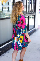 Hello Beautiful Teal Floral Print V Neck Babydoll Dress (Open Pack)