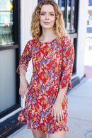 Spread Joy Rust Ruffle Floral Hem 3/4 Slit Sleeve Dress (Open Pack)