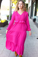 Beautiful You Berry Pintuck Detail Frill V Neck Maxi Dress (Open Pack)