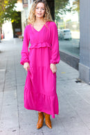 Beautiful You Berry Pintuck Detail Frill V Neck Maxi Dress (Open Pack)