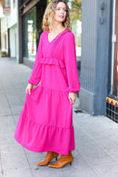 Beautiful You Berry Pintuck Detail Frill V Neck Maxi Dress (Open Pack)