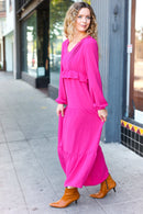 Beautiful You Berry Pintuck Detail Frill V Neck Maxi Dress (Open Pack)