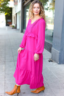 Beautiful You Berry Pintuck Detail Frill V Neck Maxi Dress (Open Pack)