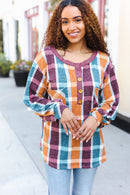Rust, Mauve, Blue Plaid Button Top