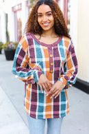 Rust, Mauve, Blue Plaid Button Top