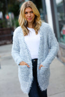 Leading Lady Slate Blue Two Tone Fuzzy Soft Brushed Cardigan (Open Pack)