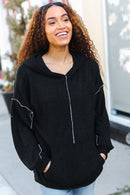 Black Textured Overstich Hoodie