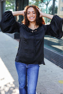 Live For Today Black Woven Front Tie Silky Blouse (Open Pack)