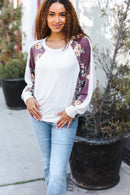 Oatmeal & Burgundy Floral Raglan Top