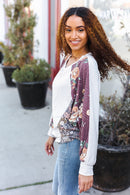 Oatmeal & Burgundy Floral Raglan Top