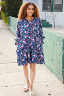 Feeling Joyful Navy Floral Bow Tie Babydoll Long Ruffle Sleeve Dress (Open Pack)