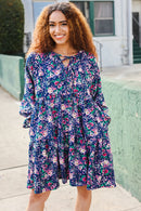 Feeling Joyful Navy Floral Bow Tie Babydoll Long Ruffle Sleeve Dress (Open Pack)