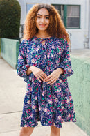 Feeling Joyful Navy Floral Bow Tie Babydoll Long Ruffle Sleeve Dress (Open Pack)