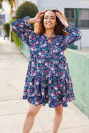 Feeling Joyful Navy Floral Bow Tie Babydoll Long Ruffle Sleeve Dress (Open Pack)