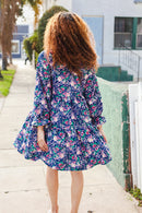 Feeling Joyful Navy Floral Bow Tie Babydoll Long Ruffle Sleeve Dress (Open Pack)