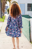 Feeling Joyful Navy Floral Bow Tie Babydoll Long Ruffle Sleeve Dress (Open Pack)