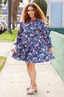 Feeling Joyful Navy Floral Bow Tie Babydoll Long Ruffle Sleeve Dress (Open Pack)