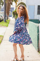 Feeling Joyful Navy Floral Bow Tie Babydoll Long Ruffle Sleeve Dress (Open Pack)