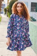 Feeling Joyful Navy Floral Bow Tie Babydoll Long Ruffle Sleeve Dress (Open Pack)