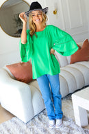 Joyful Green Crepe Back Tie Strap Crochet Bell Sleeve Blouse (Open Pack)