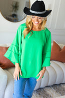 Joyful Green Crepe Back Tie Strap Crochet Bell Sleeve Blouse (Open Pack)
