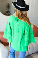 Joyful Green Crepe Back Tie Strap Crochet Bell Sleeve Blouse (Open Pack)