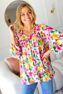 Pretty In Pink Watercolor Floral Yoke Tie Top (Open Pack)