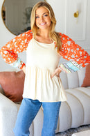 Hello Beautiful Oatmeal & Orange Square Neck Paisley Floral Blouse (Open Pack)