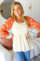 Hello Beautiful Oatmeal & Orange Square Neck Paisley Floral Blouse (Open Pack)