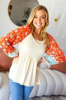 Hello Beautiful Oatmeal & Orange Square Neck Paisley Floral Blouse (Open Pack)