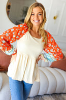 Hello Beautiful Oatmeal & Orange Square Neck Paisley Floral Blouse (Open Pack)