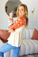 Hello Beautiful Oatmeal & Orange Square Neck Paisley Floral Blouse (Open Pack)