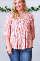 Pink Floral Stripe V Tie Neck Knit Top (Open Pack)