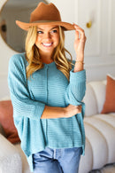 Just My Type Dusty Teal Jacquard Hi-Low V Neck Sweater (Open Pack)