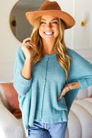 Just My Type Dusty Teal Jacquard Hi-Low V Neck Sweater (Open Pack)