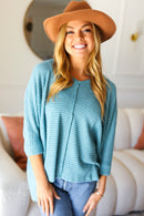Just My Type Dusty Teal Jacquard Hi-Low V Neck Sweater (Open Pack)